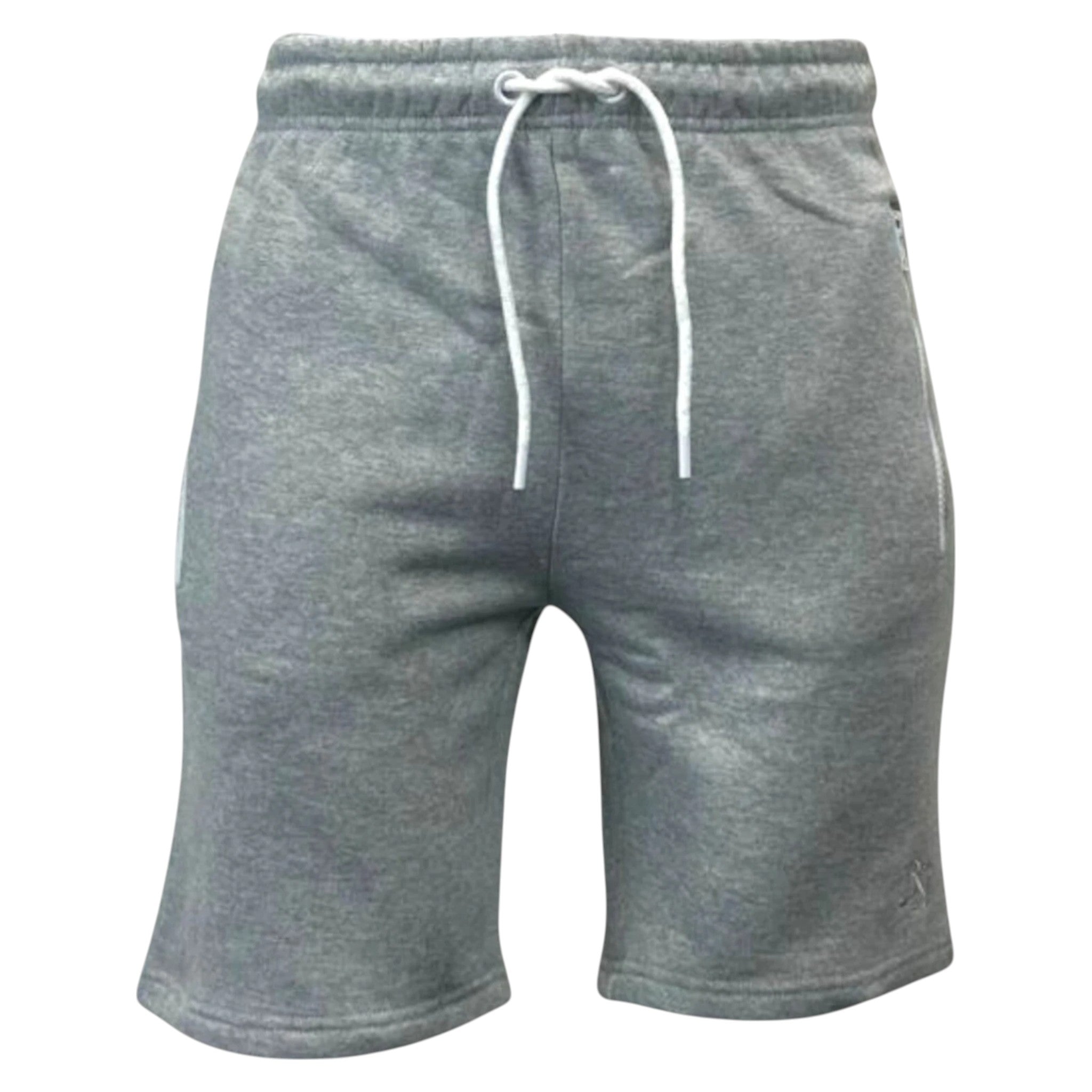 Men’s JDN grey fleece shorts with white drawstring, elastic waistband, and soft cotton-blend fabric – casual gym or lounge wear